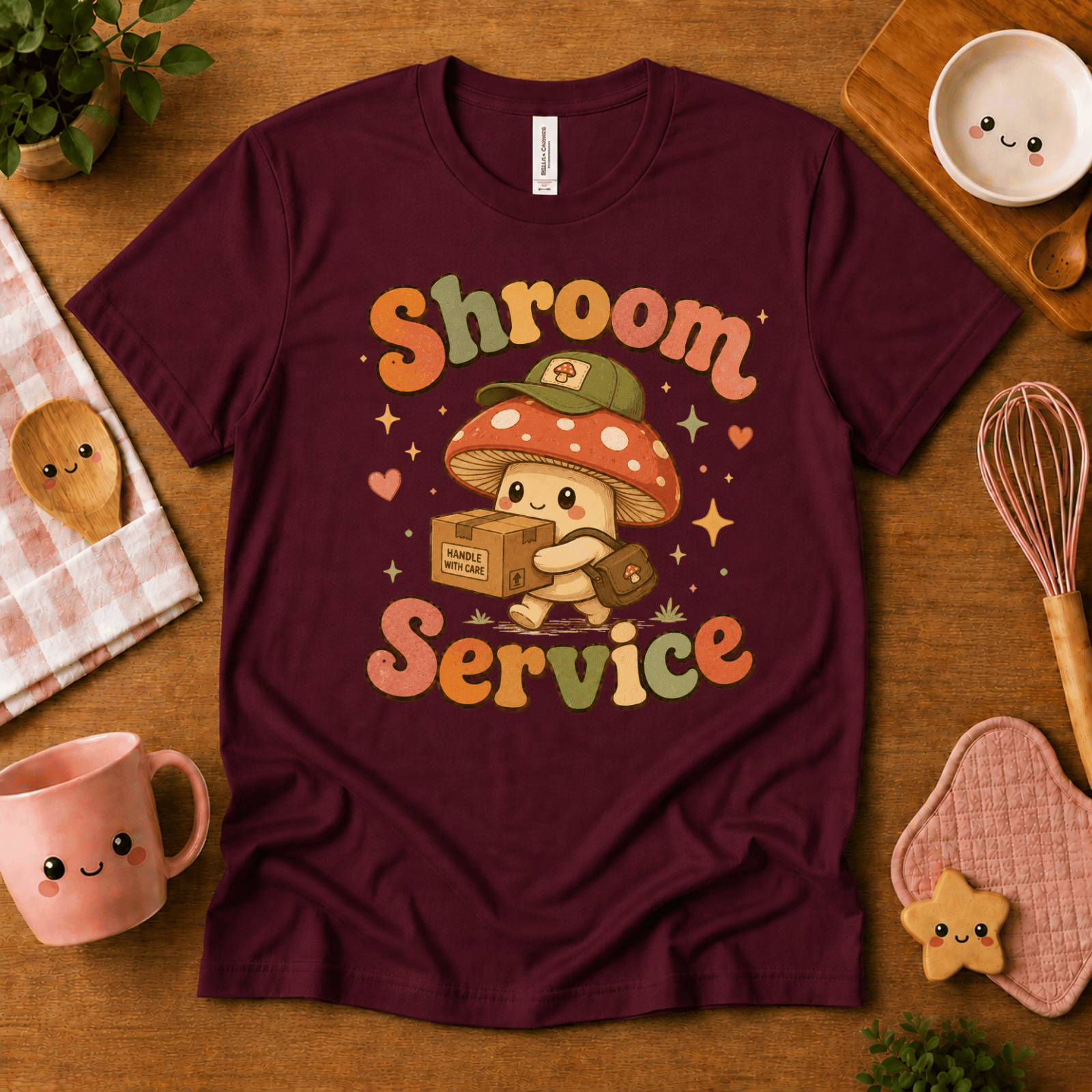 Shroom Service cute food graphic t-shirt cozy flat lay in maroon.