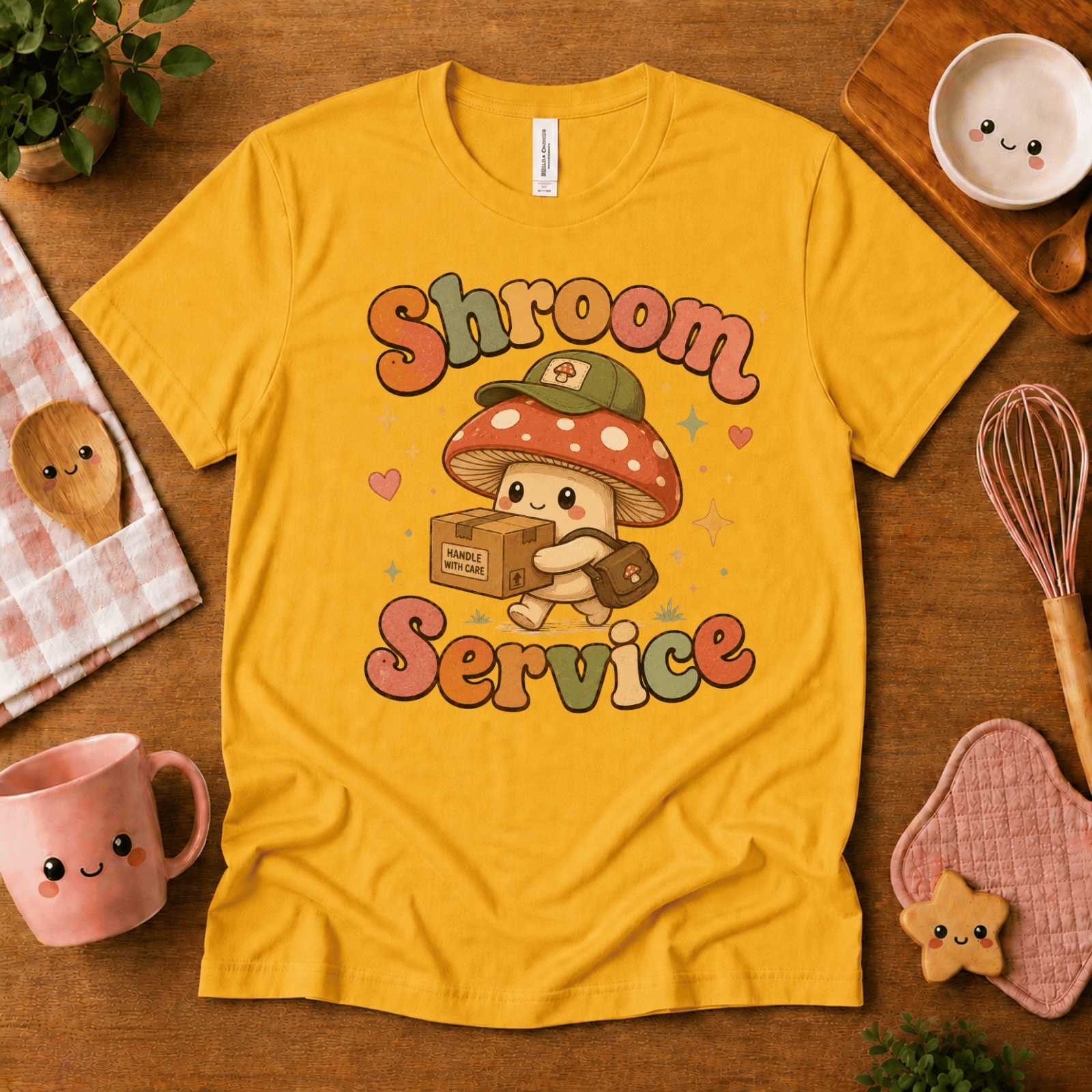 Shroom Service cute food graphic t-shirt cozy flat lay in gold.