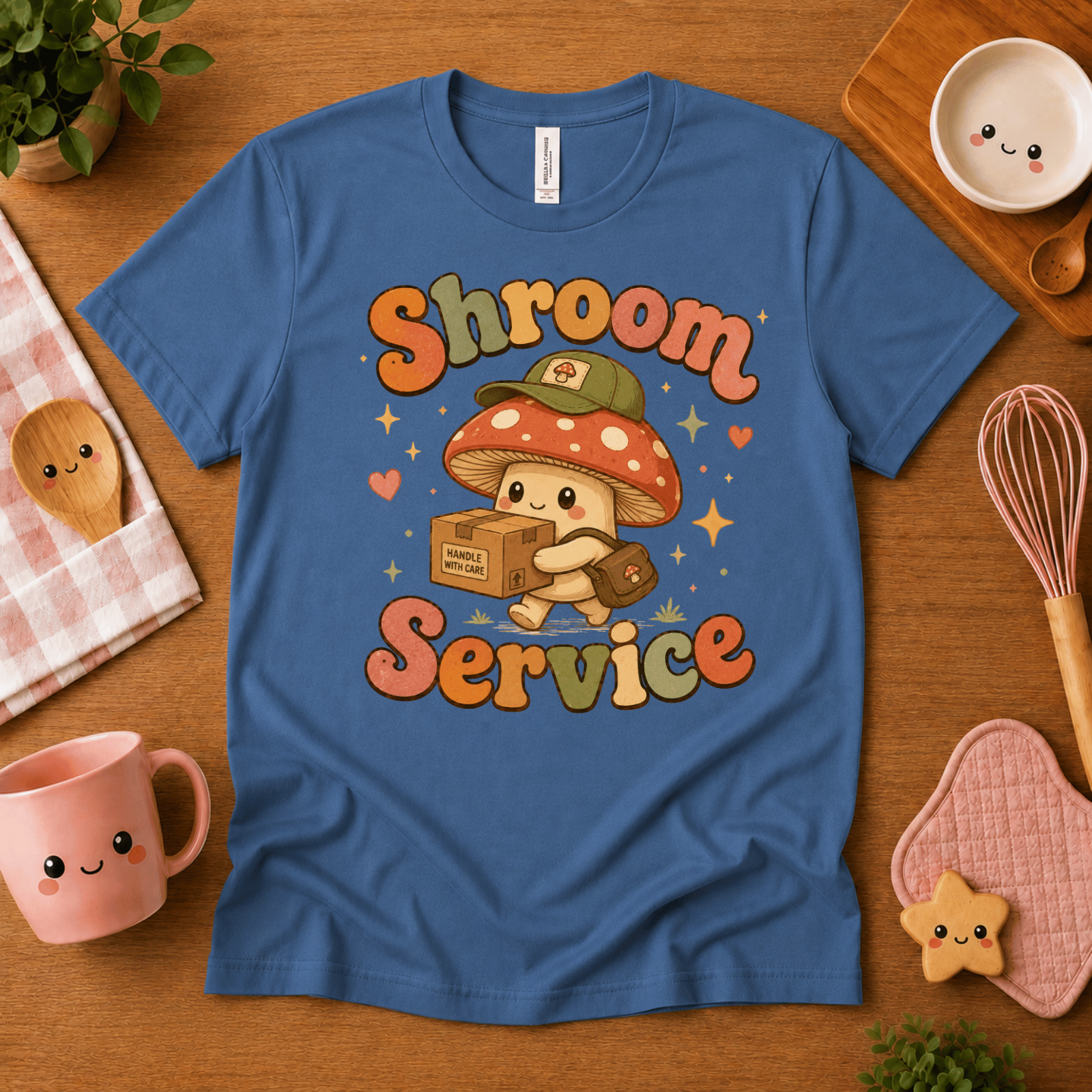 Shroom Service cute food graphic t-shirt cozy flat lay in steel blue.