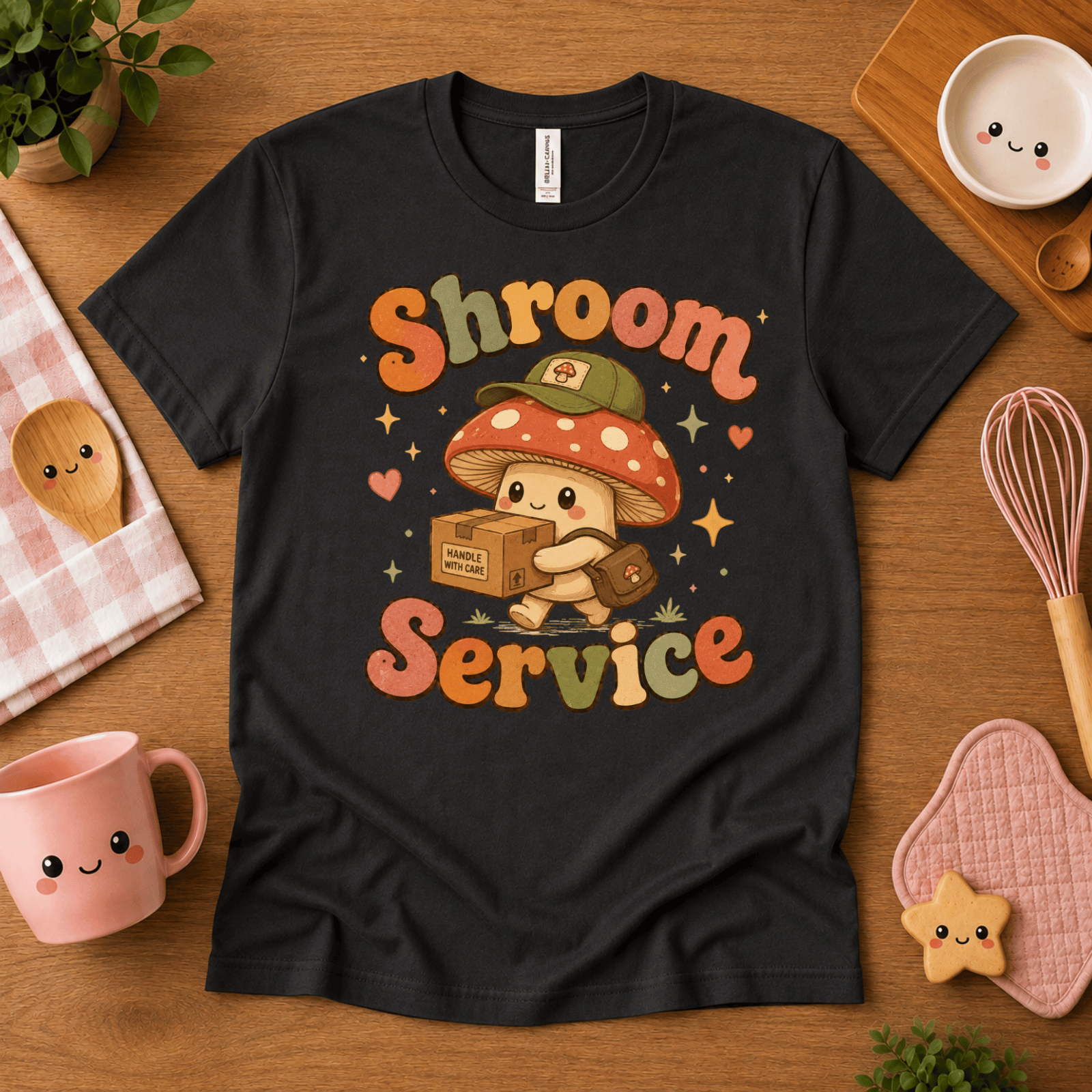 Shroom Service cute food graphic t-shirt cozy flat lay in vintage black.
