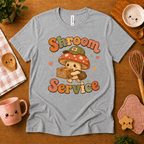 Shroom Service cute food graphic t-shirt cozy flat lay in athletic heather.