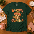 Shroom Service cute food graphic t-shirt cozy flat lay in evergreen.