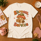 Shroom Service cute food graphic t-shirt cozy flat lay in natural.
