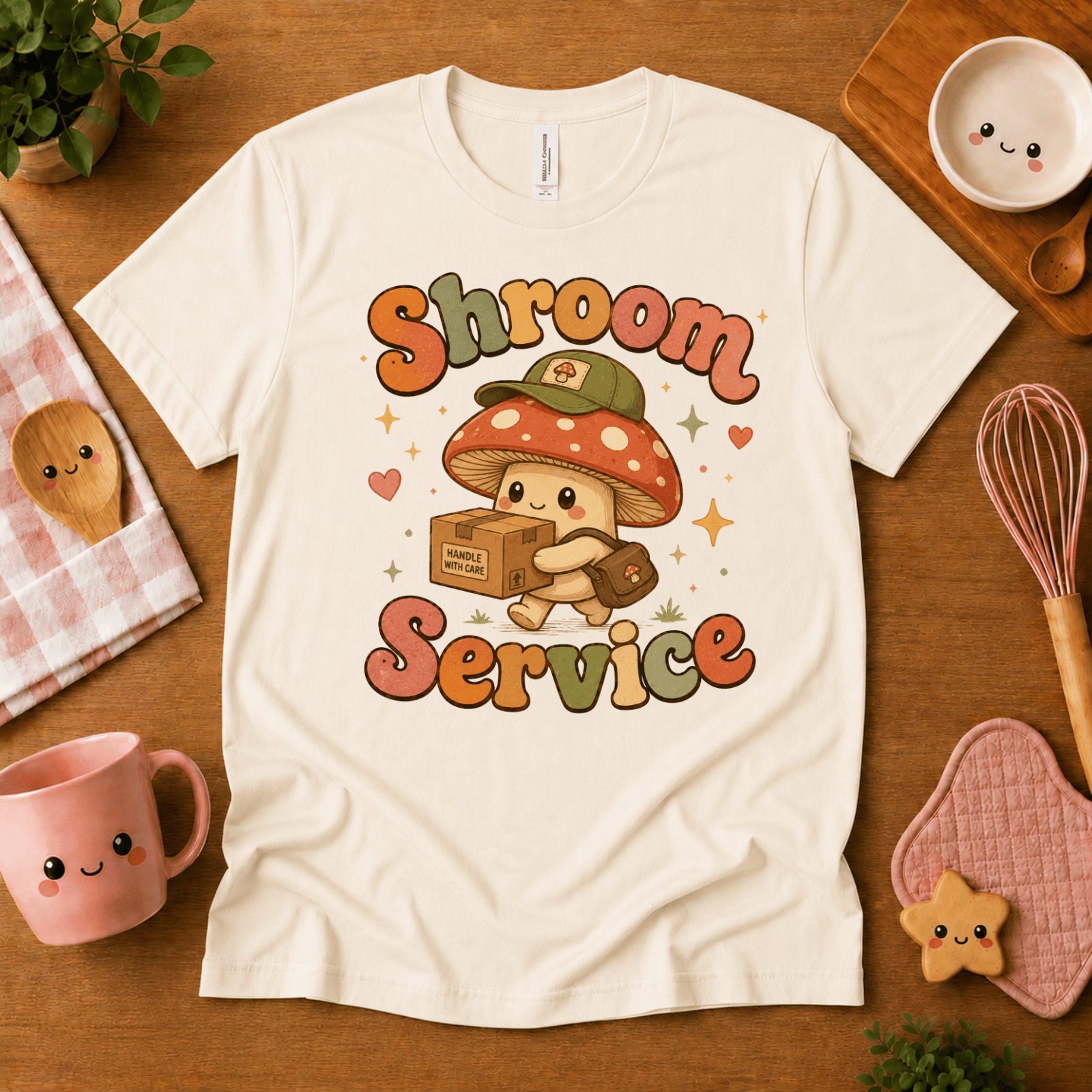 Shroom Service cute food graphic t-shirt cozy flat lay in natural.