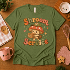 Shroom Service cute food graphic t-shirt cozy flat lay in leaf.