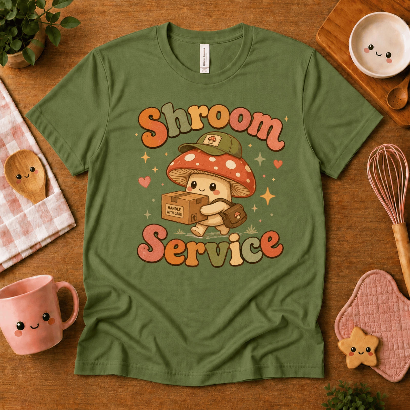 Shroom Service cute food graphic t-shirt cozy flat lay in leaf.