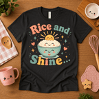 Rice and Shine cute food graphic t-shirt cozy flat lay in vintage black.