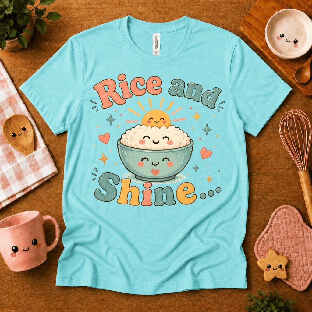 Rice and Shine cute food graphic t-shirt cozy flat lay in aqua.