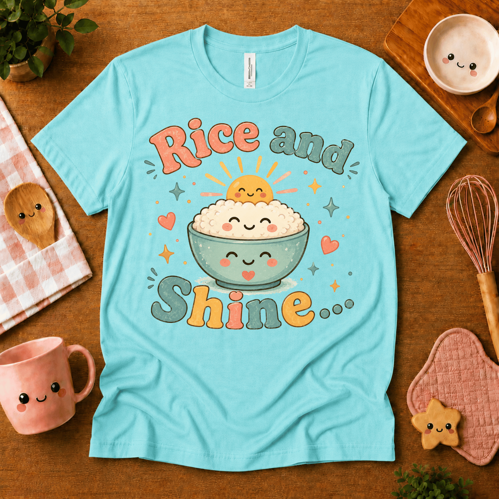 Rice and Shine cute food graphic t-shirt cozy flat lay in aqua.