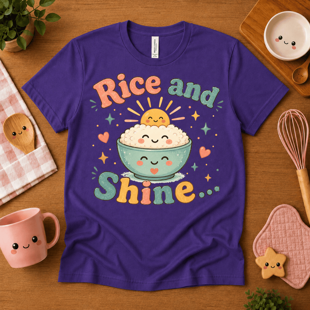 Rice and Shine cute food graphic t-shirt cozy flat lay in team purple.