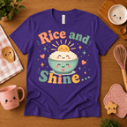 Rice and Shine cute food graphic t-shirt cozy flat lay in team purple.