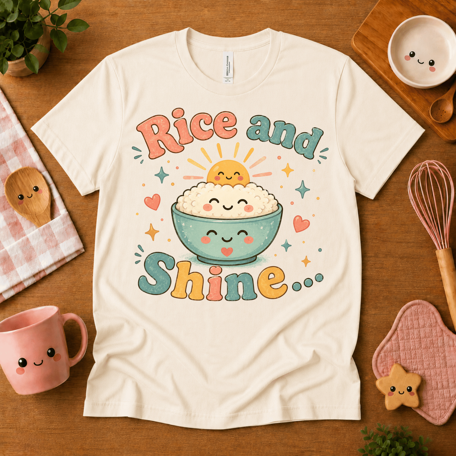 Rice and Shine cute food graphic t-shirt cozy flat lay in natural.