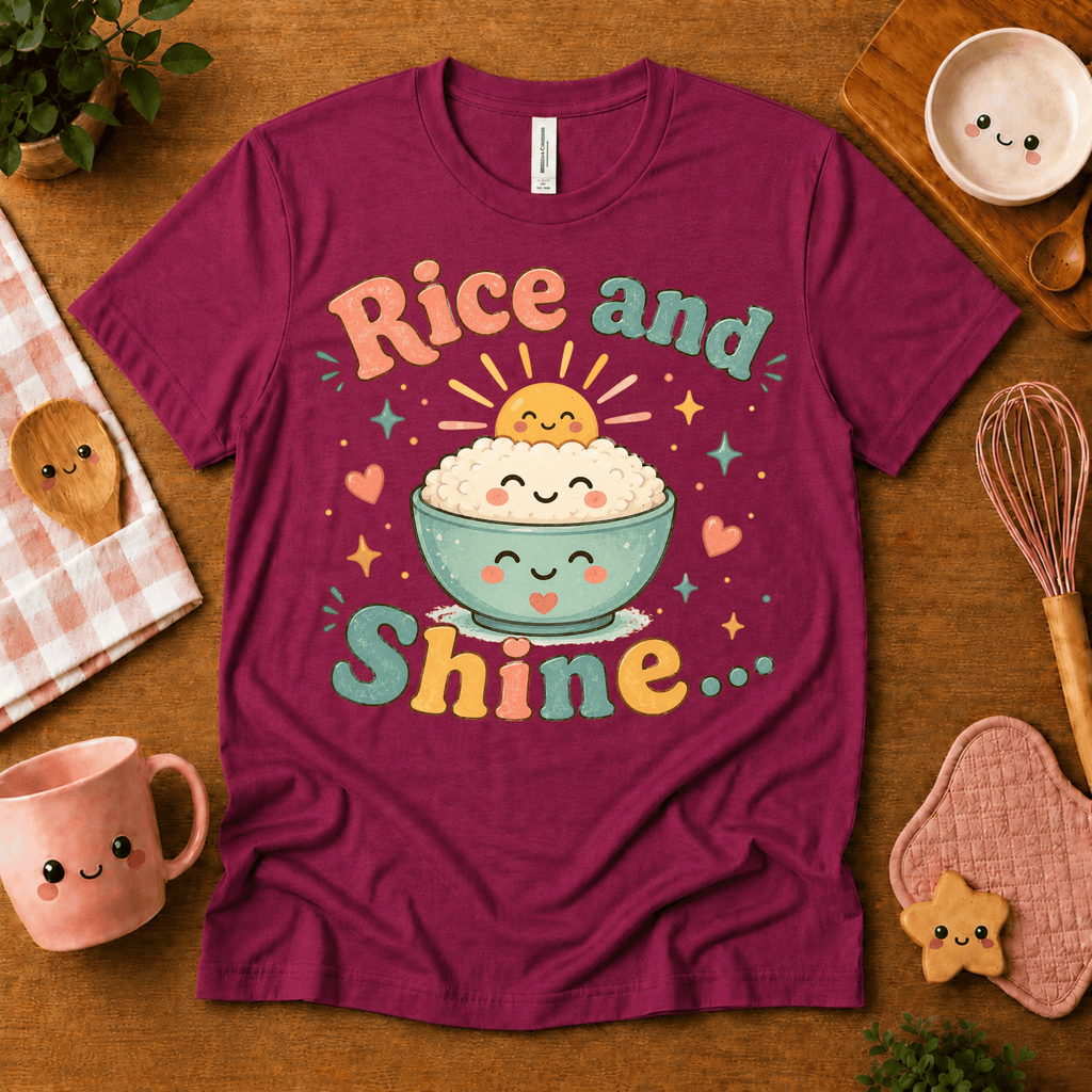 Rice and Shine cute food graphic t-shirt cozy flat lay in berry.