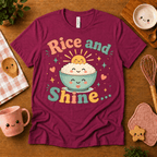 Rice and Shine cute food graphic t-shirt cozy flat lay in berry.