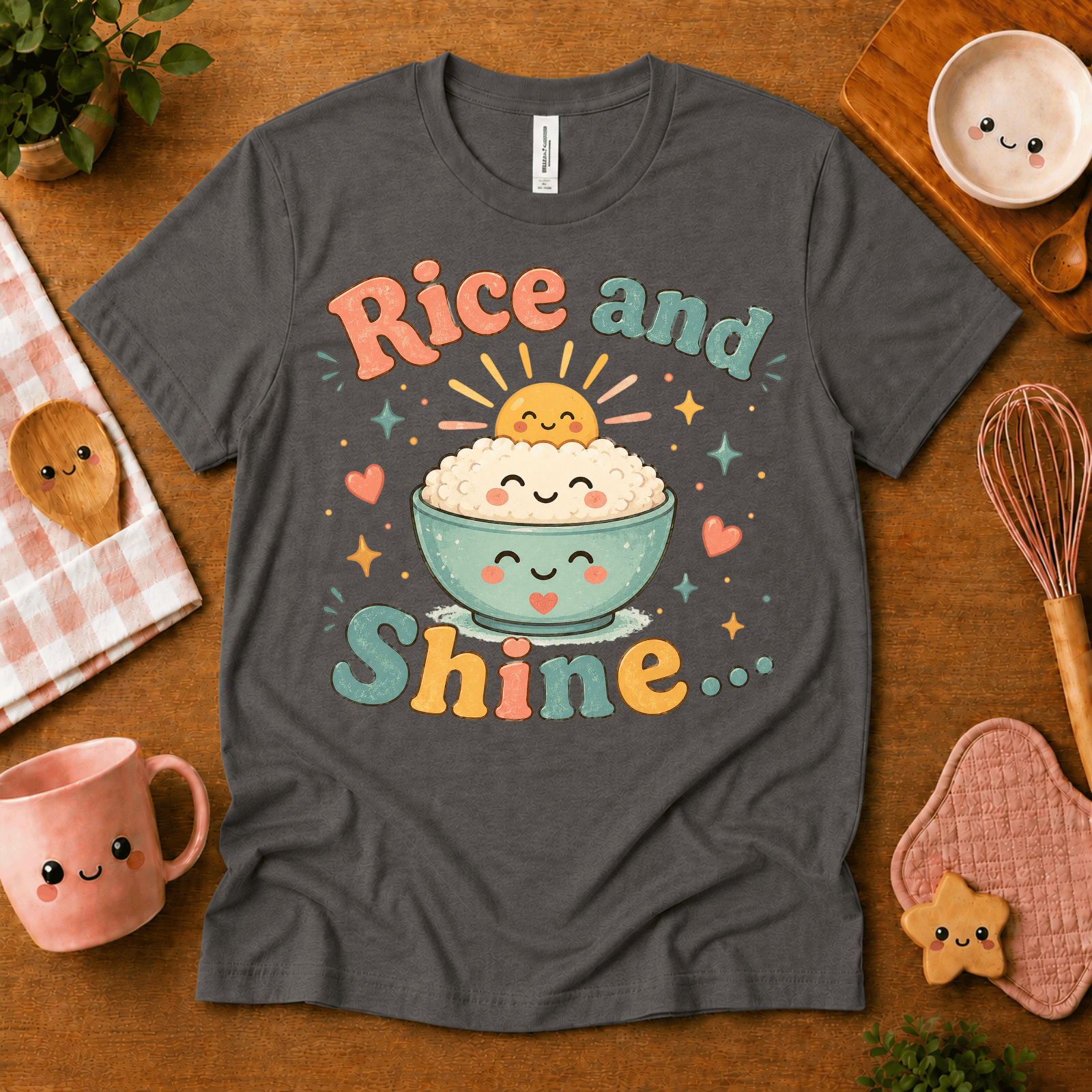 Rice and Shine cute food graphic t-shirt cozy flat lay in asphalt.