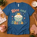 Rice and Shine cute food graphic t-shirt cozy flat lay in ocean blue.