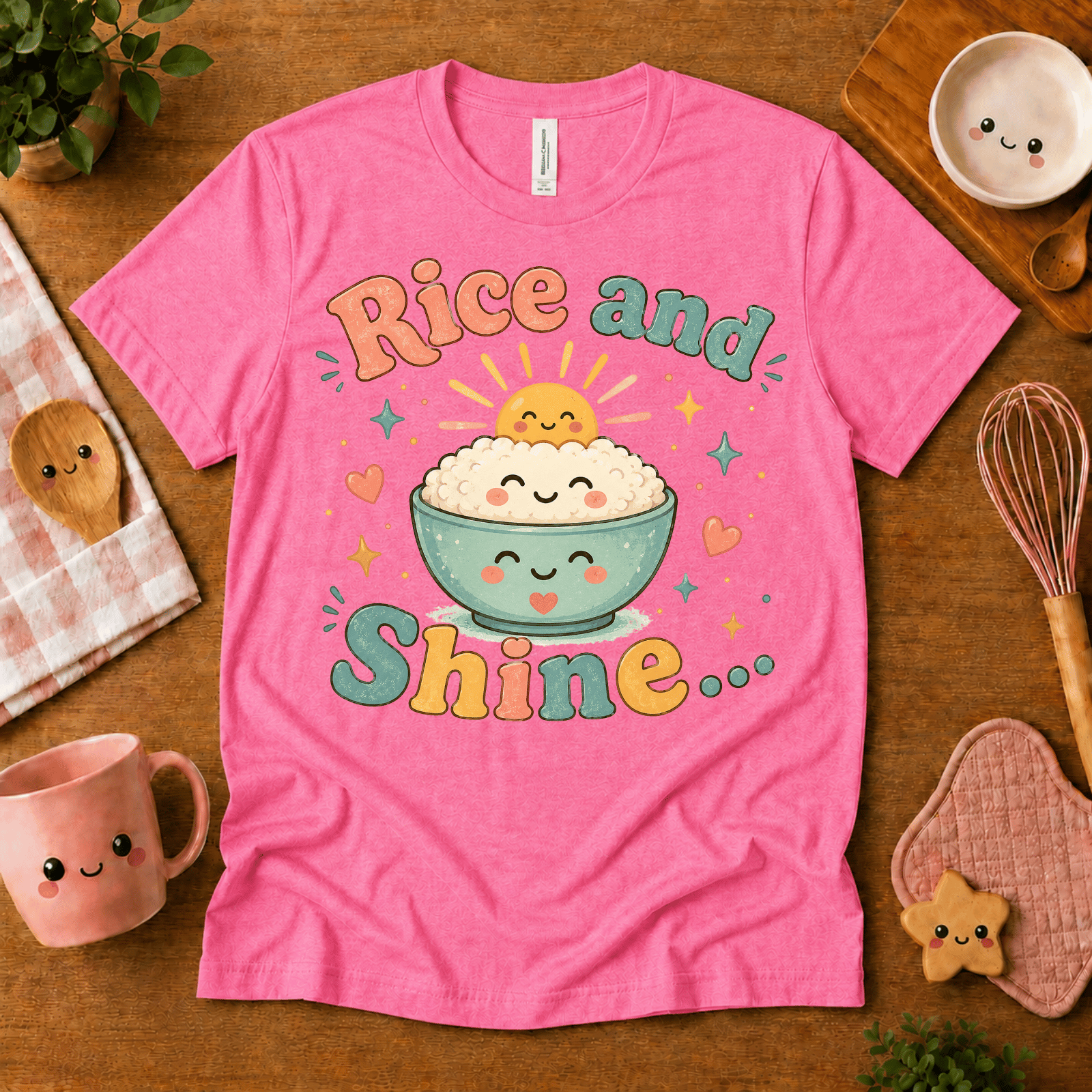 Rice and Shine cute food graphic t-shirt cozy flat lay in charity pink.
