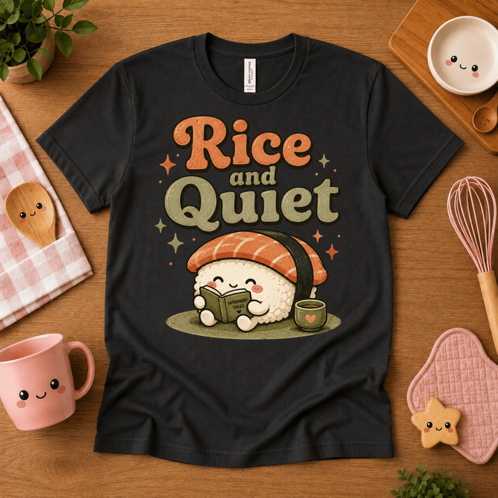 Rice and Quiet cute food graphic t-shirt cozy flat lay in vintage black.