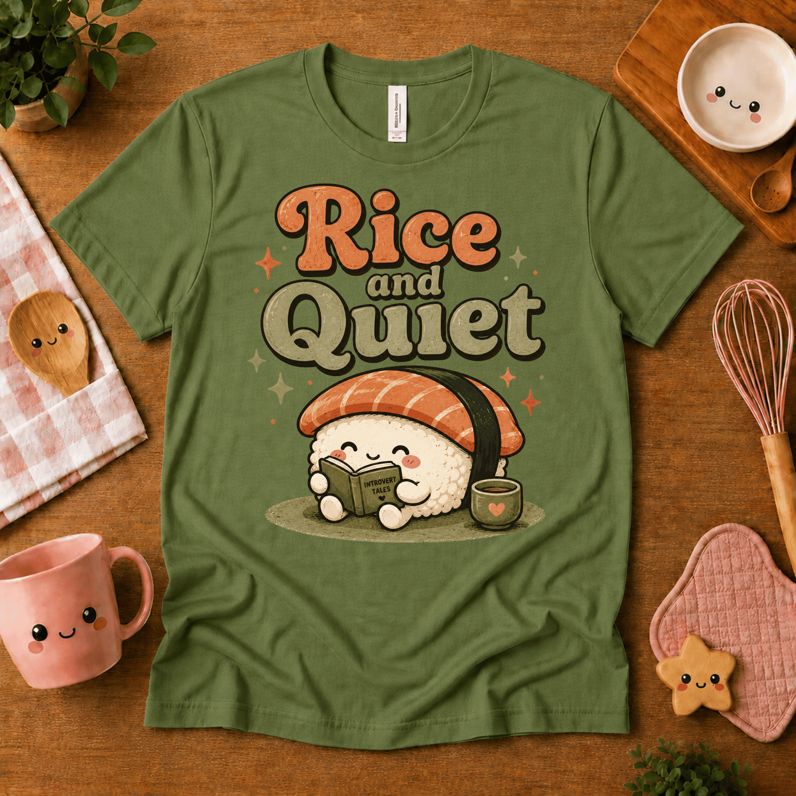 Rice and Quiet cute food graphic t-shirt cozy flat lay in leaf.