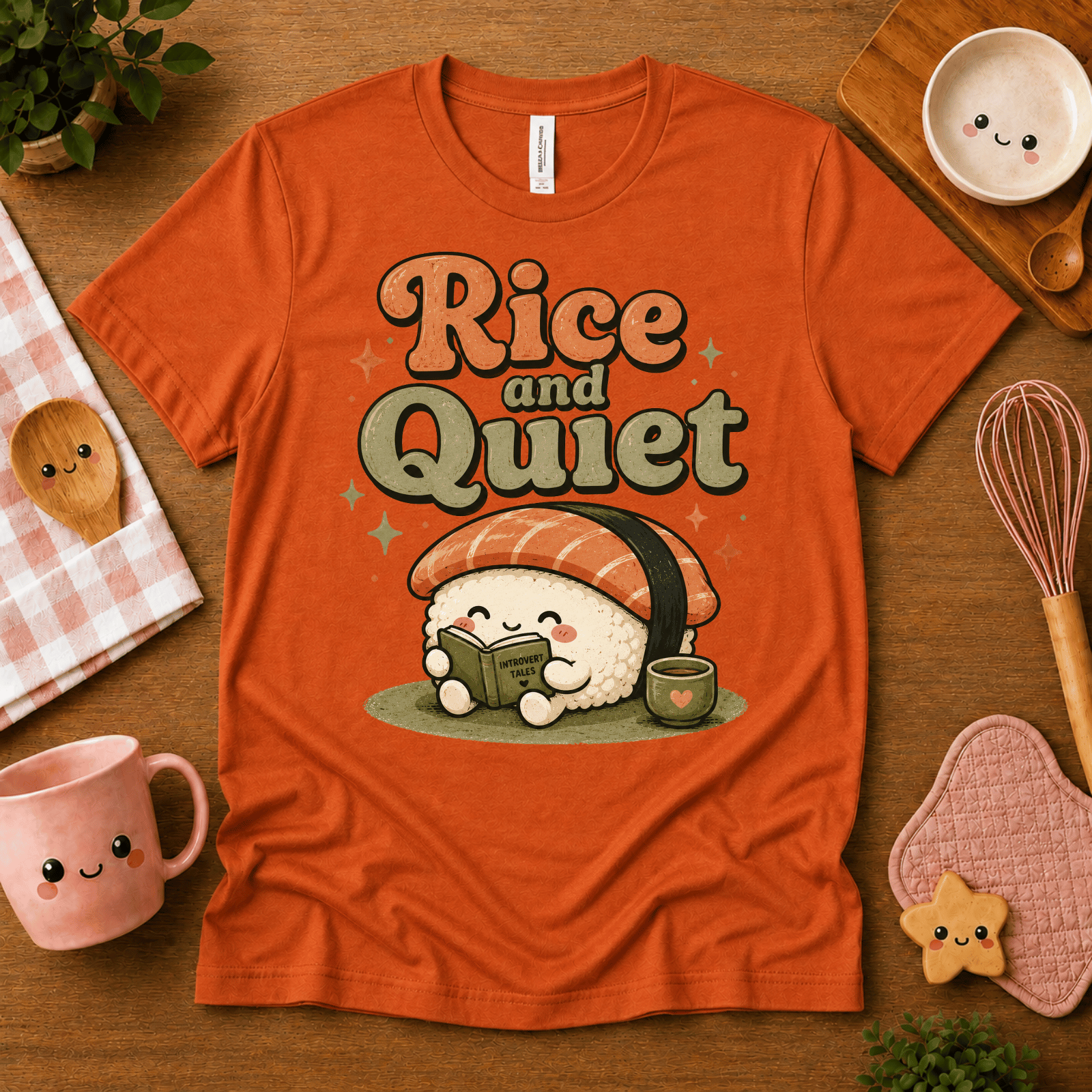 Rice and Quiet cute food graphic t-shirt cozy flat lay in burnt orange.