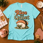 Rice and Quiet cute food graphic t-shirt cozy flat lay in aqua.