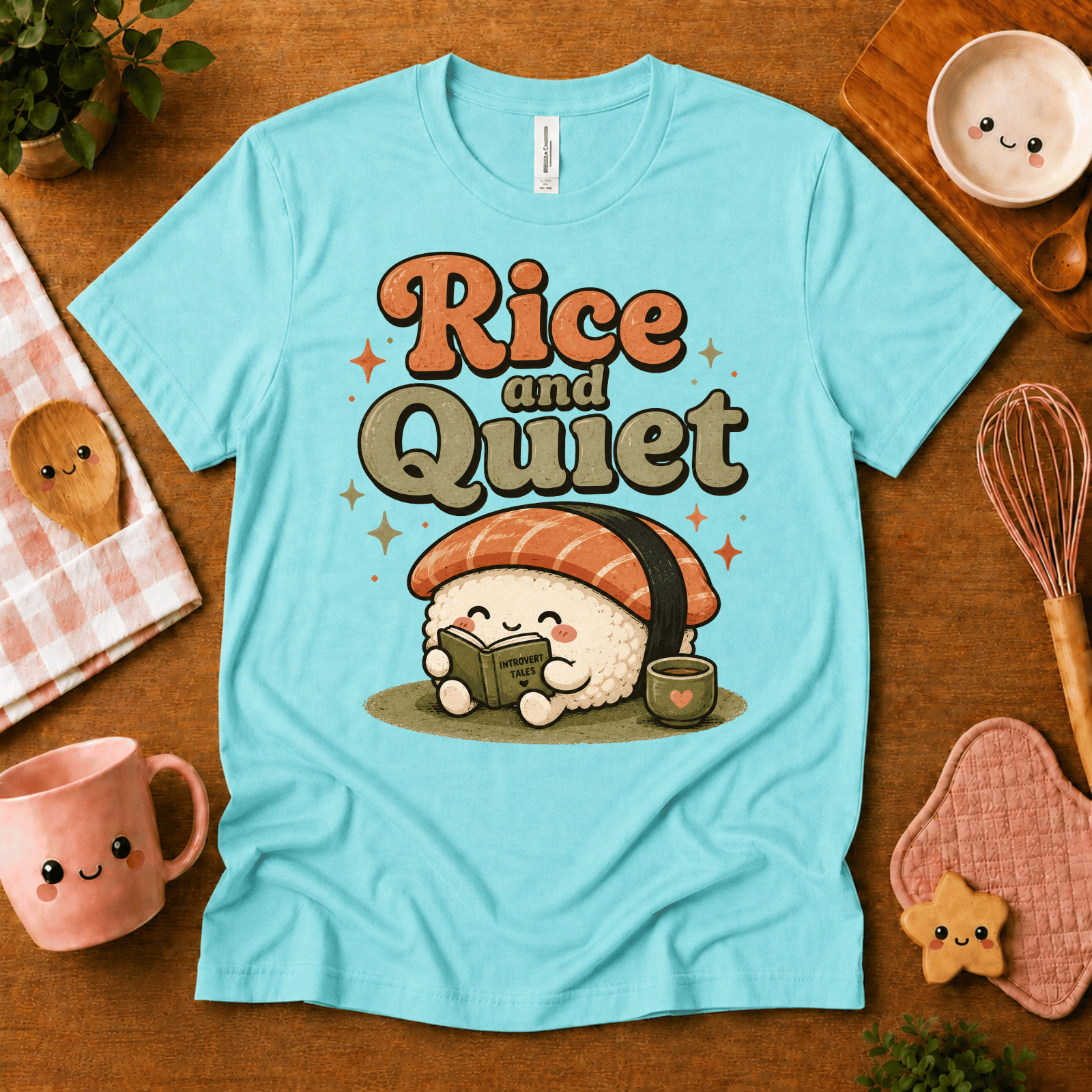 Rice and Quiet cute food graphic t-shirt cozy flat lay in aqua.