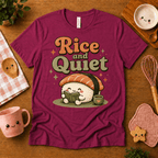 Rice and Quiet cute food graphic t-shirt cozy flat lay in berry.