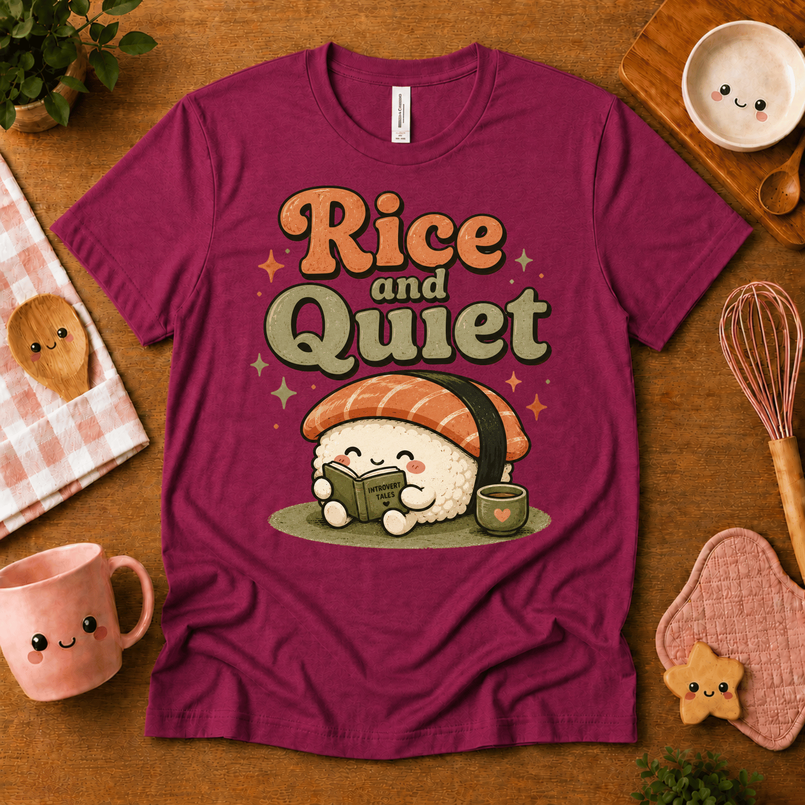 Rice and Quiet cute food graphic t-shirt cozy flat lay in berry.