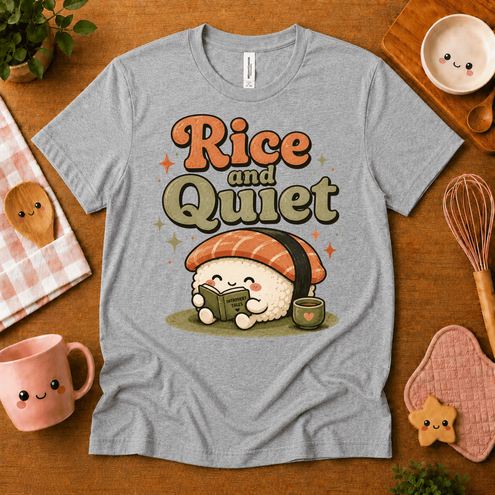 Rice and Quiet cute food graphic t-shirt cozy flat lay in athletic heather.