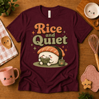 Rice and Quiet cute food graphic t-shirt cozy flat lay in maroon.