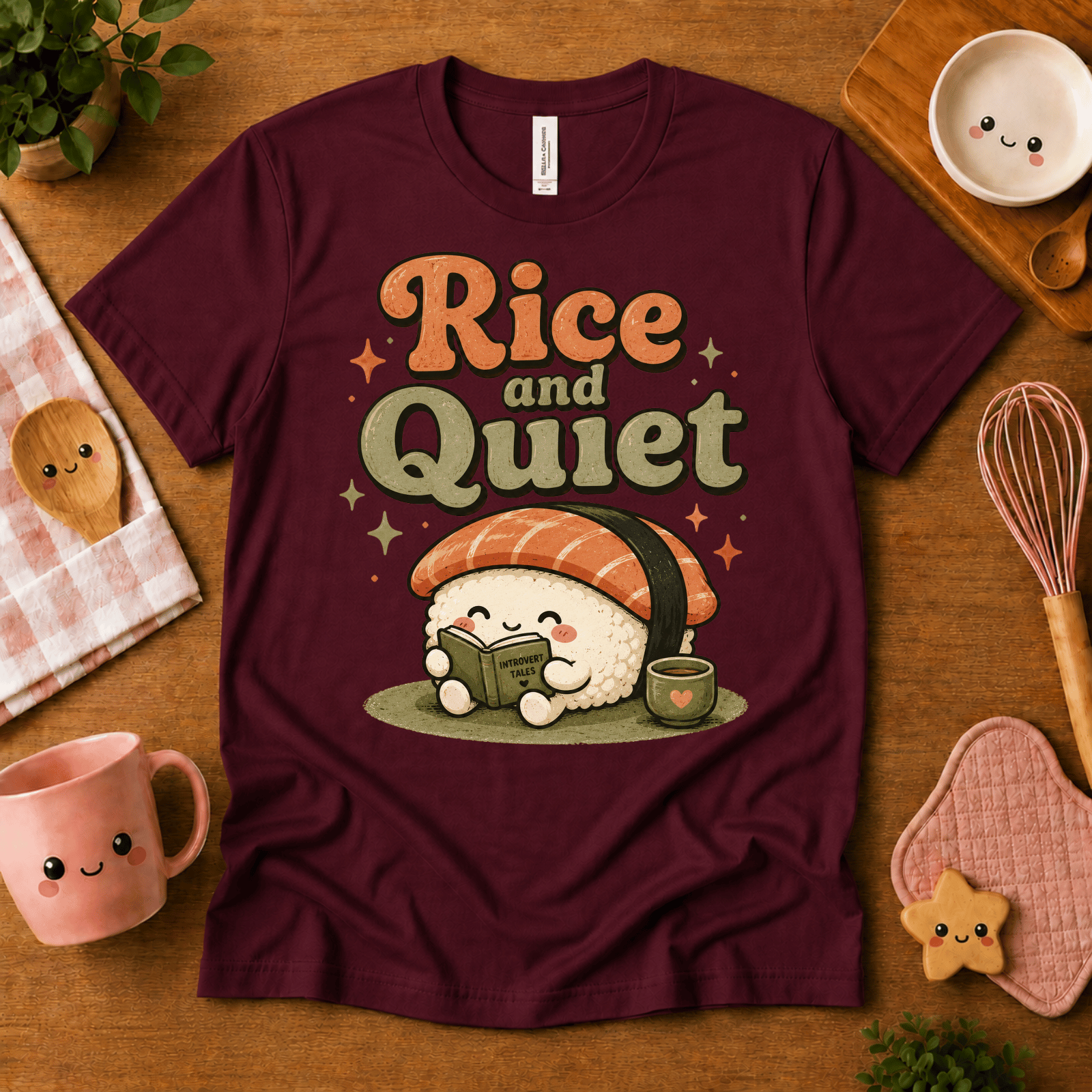 Rice and Quiet cute food graphic t-shirt cozy flat lay in maroon.