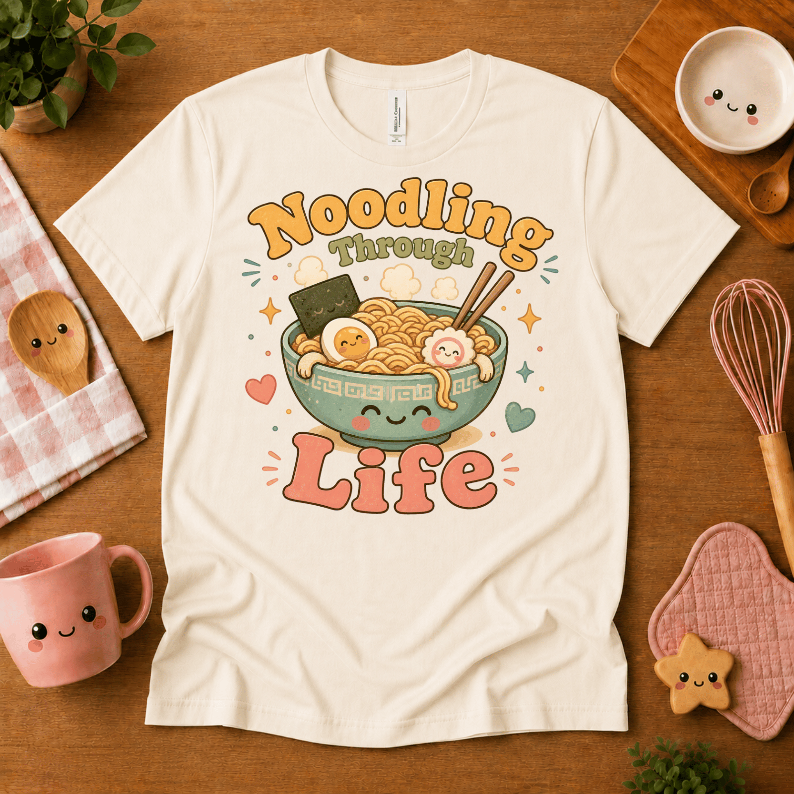 Noodling Through Life cute food graphic t-shirt cozy flat lay in natural.