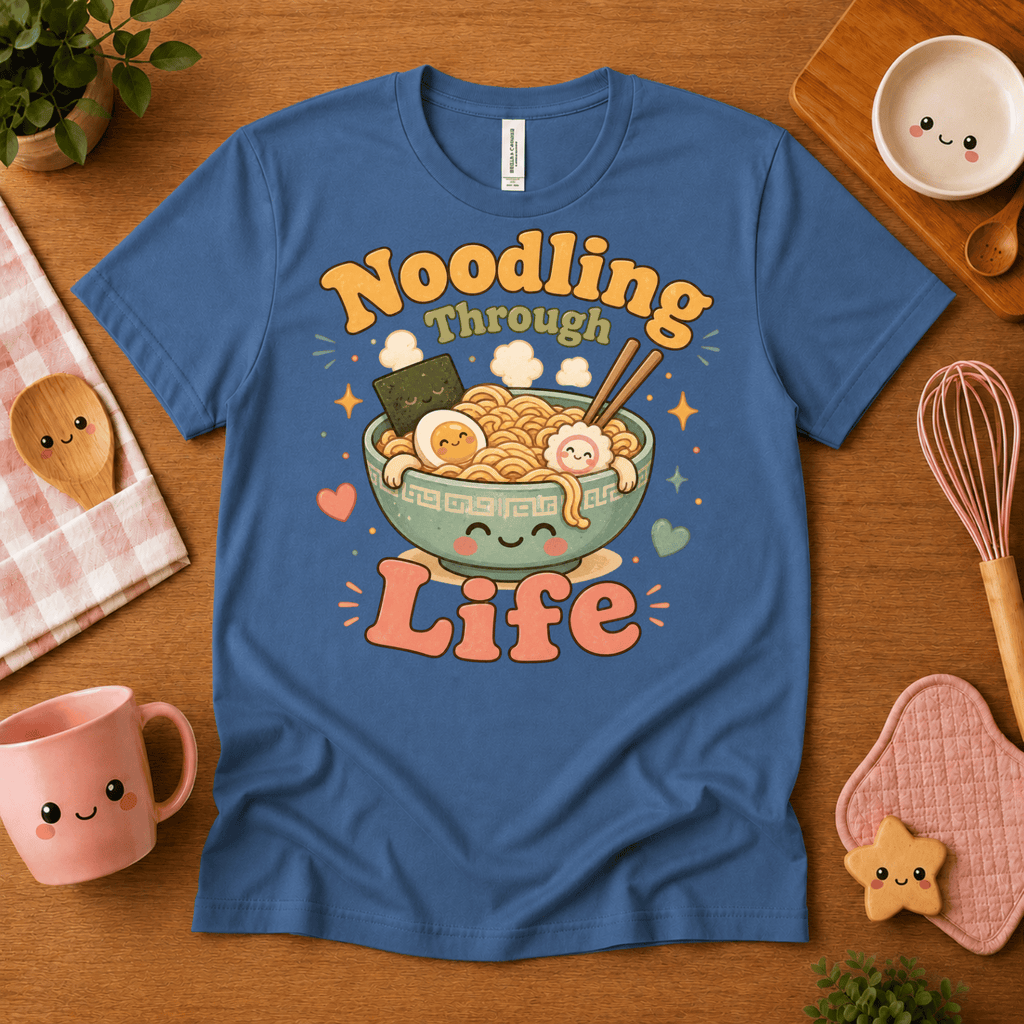Noodling Through Life cute food graphic t-shirt cozy flat lay in steel blue.