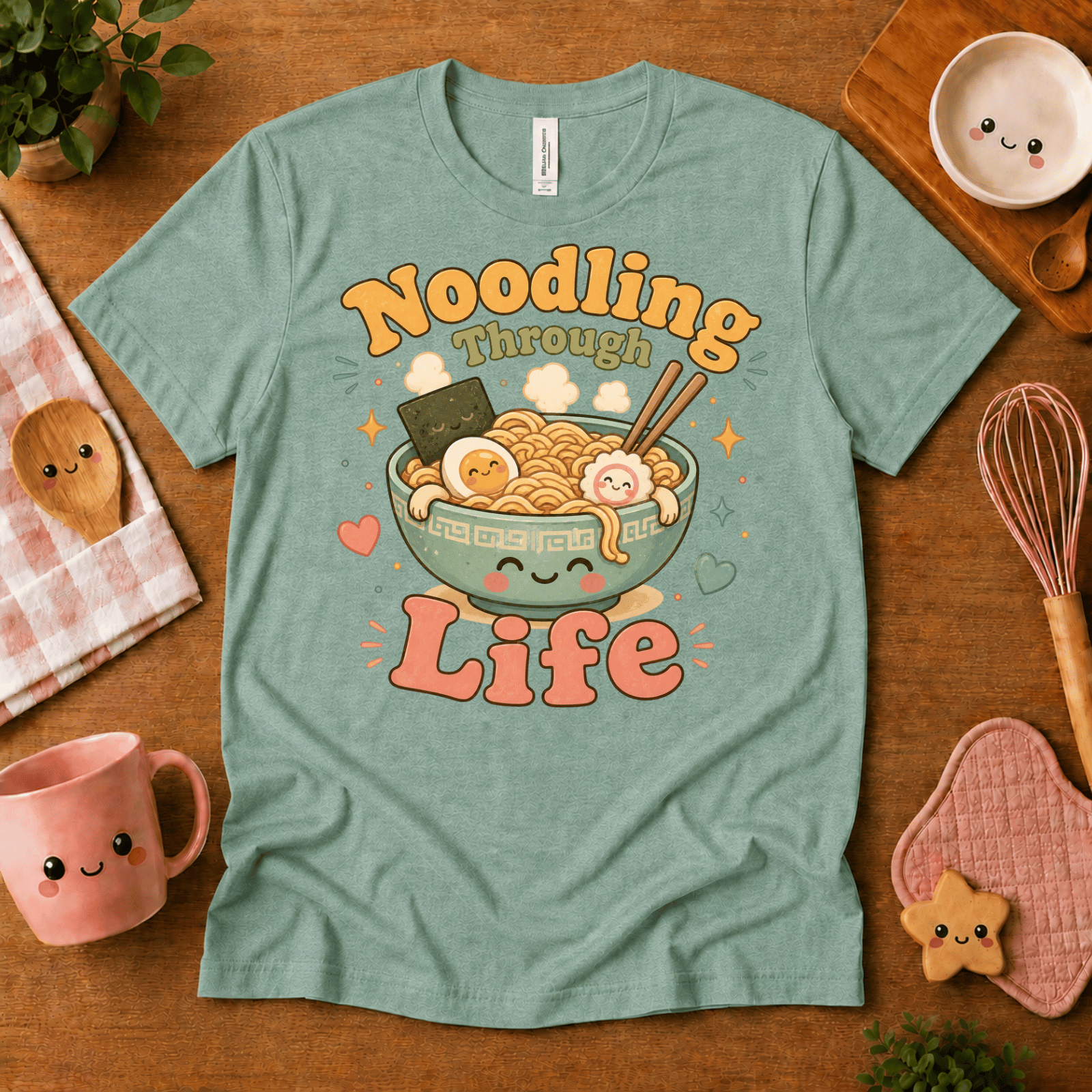 Noodling Through Life cute food graphic t-shirt cozy flat lay in heather sea green.