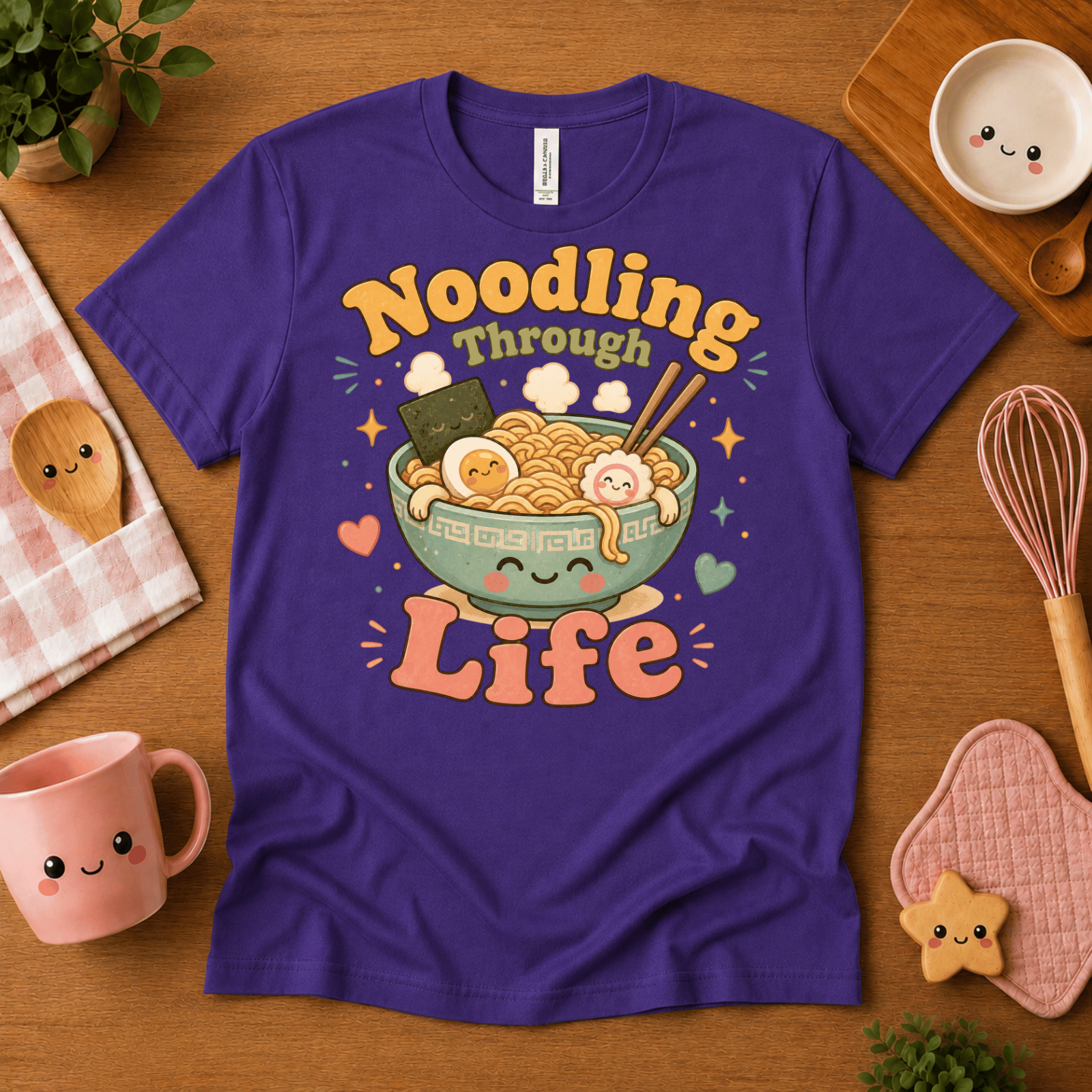 Noodling Through Life cute food graphic t-shirt cozy flat lay in team purple.