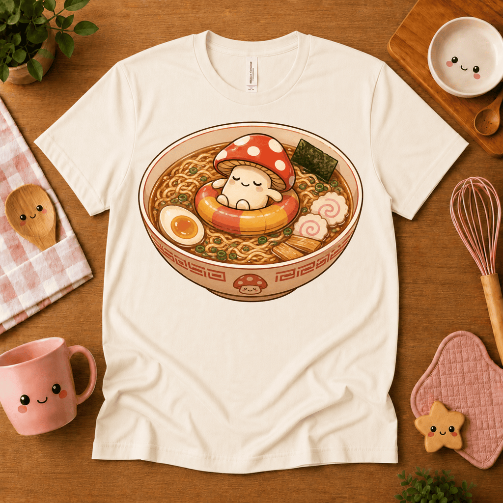 Mushroom Float cute food graphic t-shirt cozy flat lay in natural.