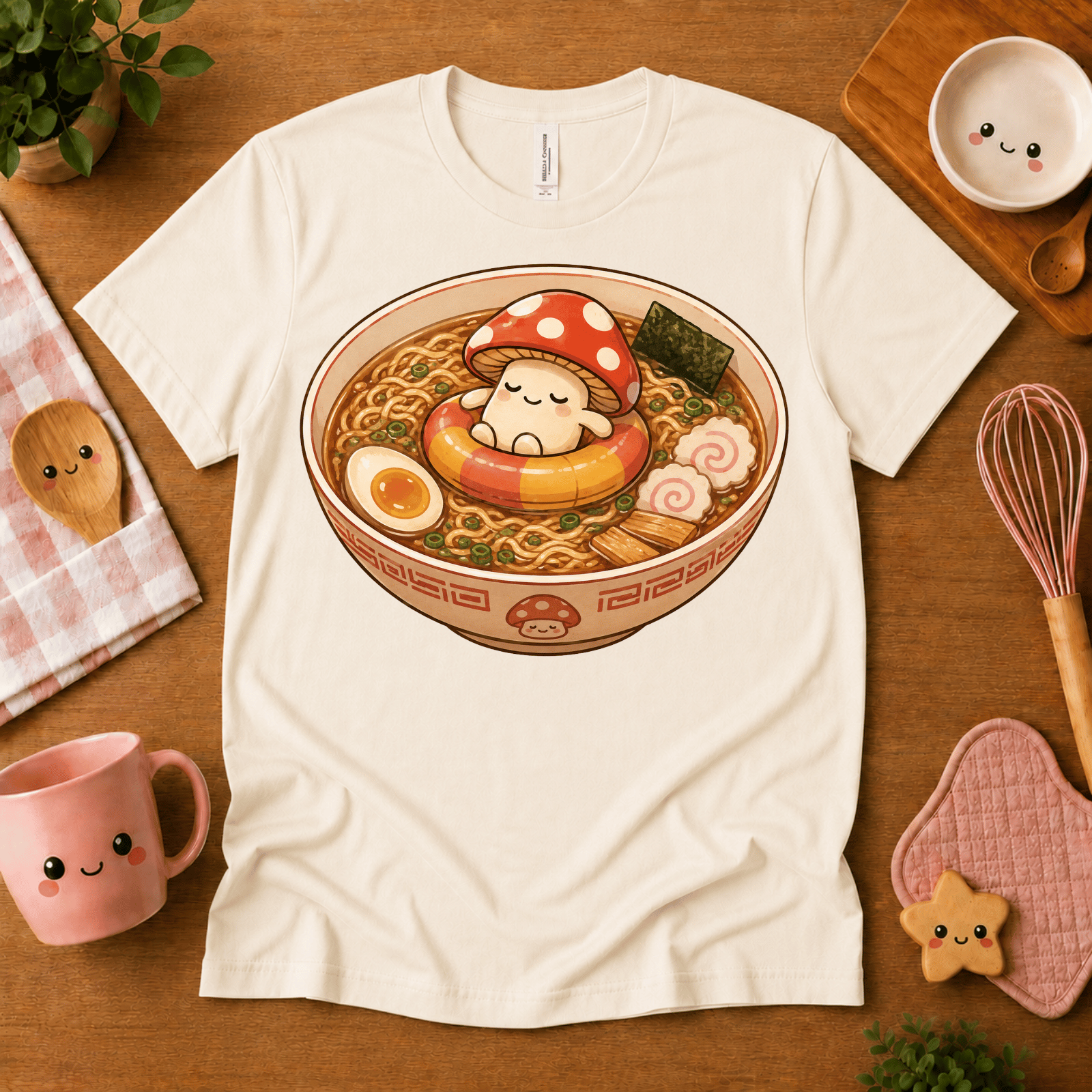 Mushroom Float cute food graphic t-shirt cozy flat lay in natural.