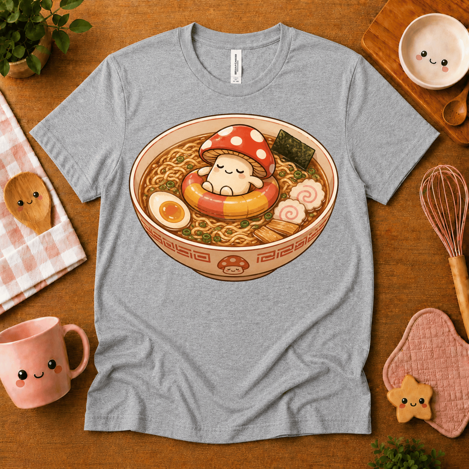 Mushroom Float cute food graphic t-shirt cozy flat lay in athletic heather.