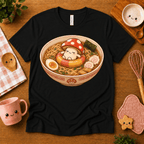 Mushroom Float cute food graphic t-shirt cozy flat lay in black.