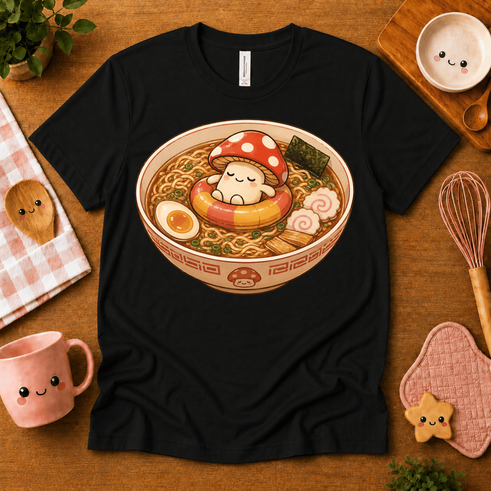Mushroom Float cute food graphic t-shirt cozy flat lay in black.