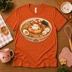 Mushroom Float cute food graphic t-shirt cozy flat lay in burnt orange.