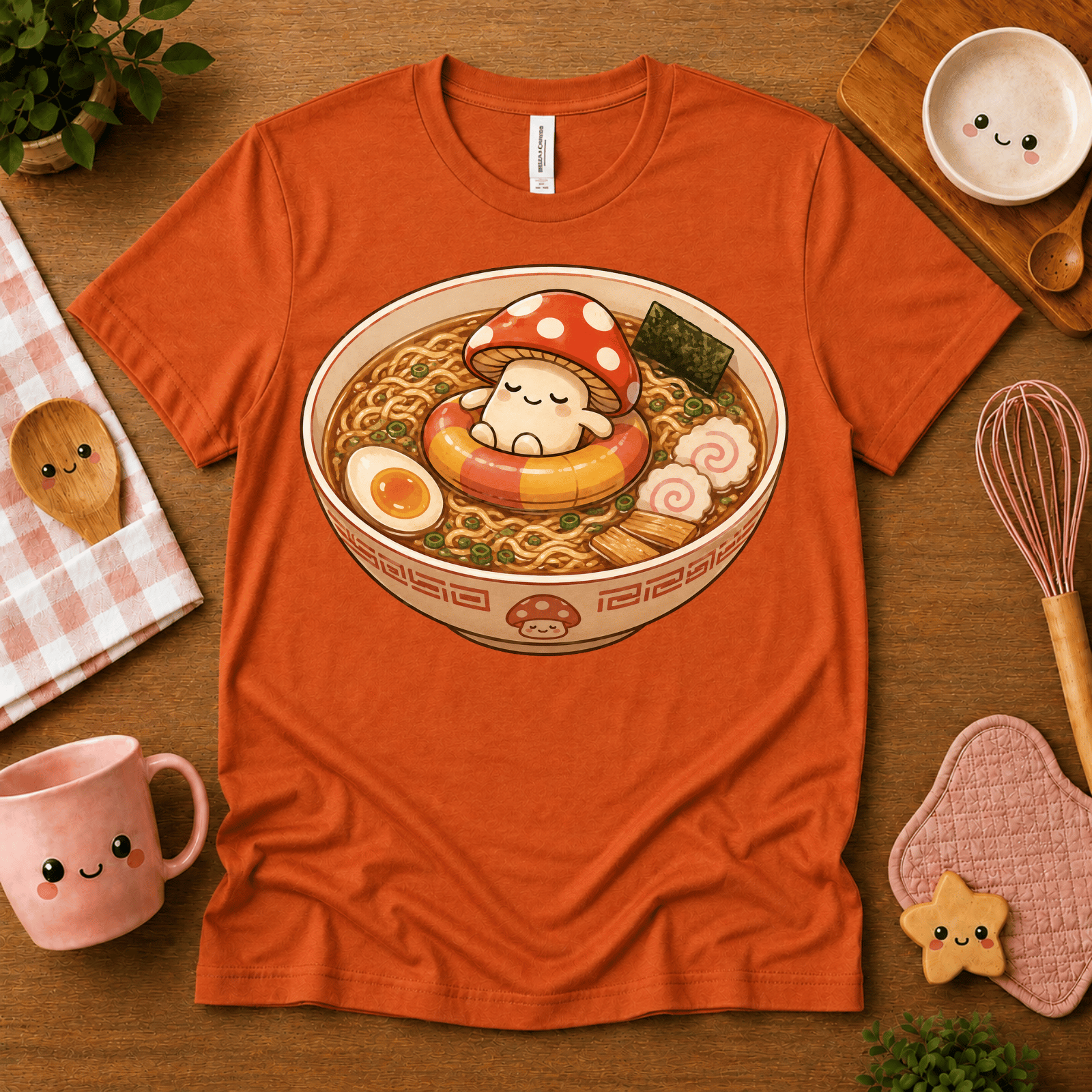 Mushroom Float cute food graphic t-shirt cozy flat lay in burnt orange.