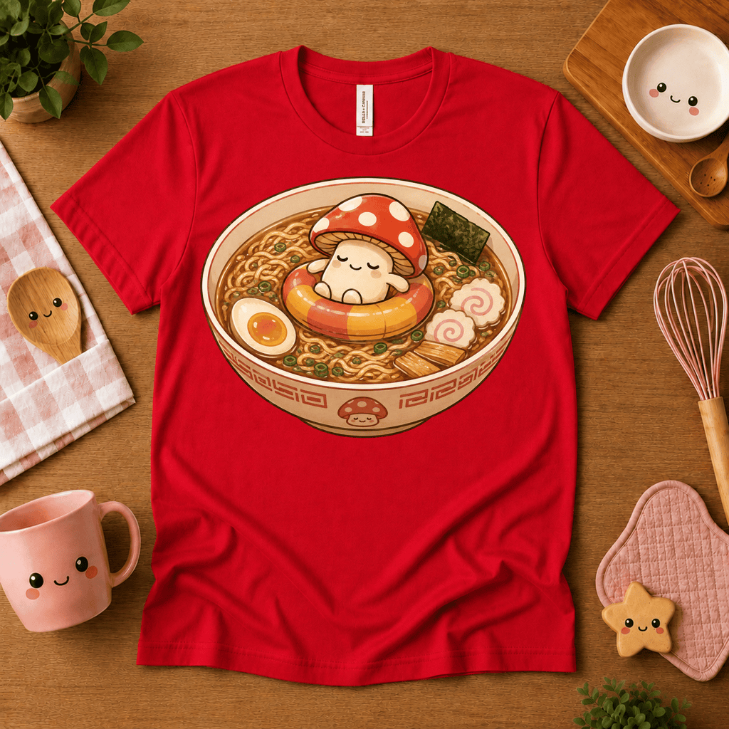 Mushroom Float cute food graphic t-shirt cozy flat lay in red.