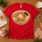 Mushroom Float cute food graphic t-shirt cozy flat lay in red.