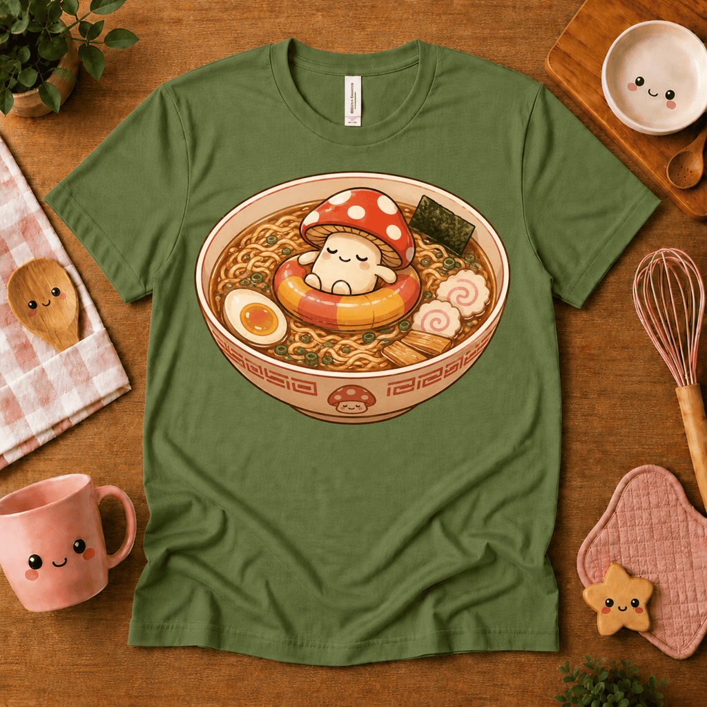 Mushroom Float cute food graphic t-shirt cozy flat lay in leaf.