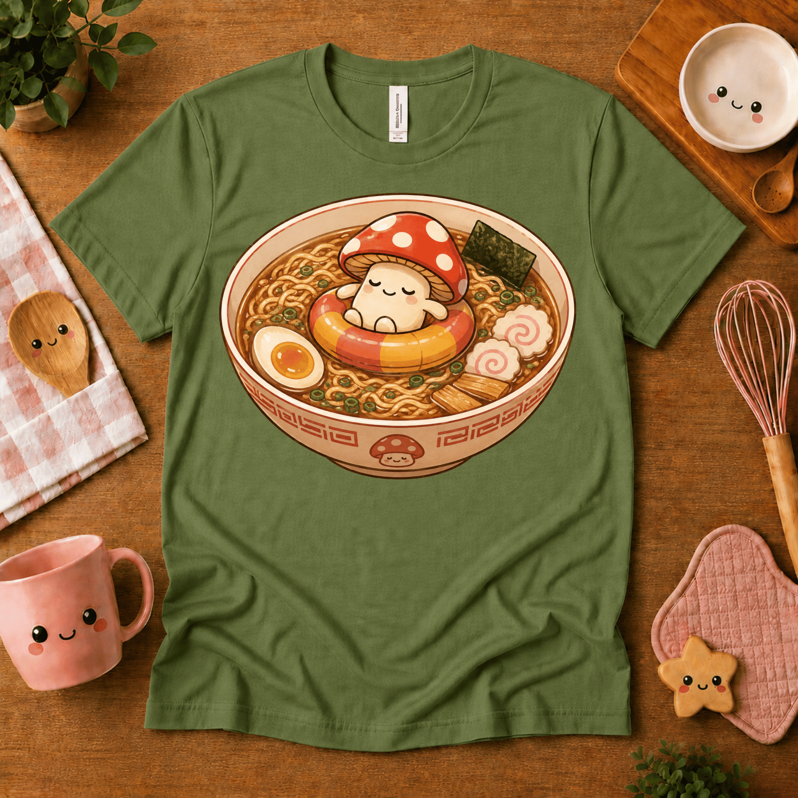Mushroom Float cute food graphic t-shirt cozy flat lay in leaf.