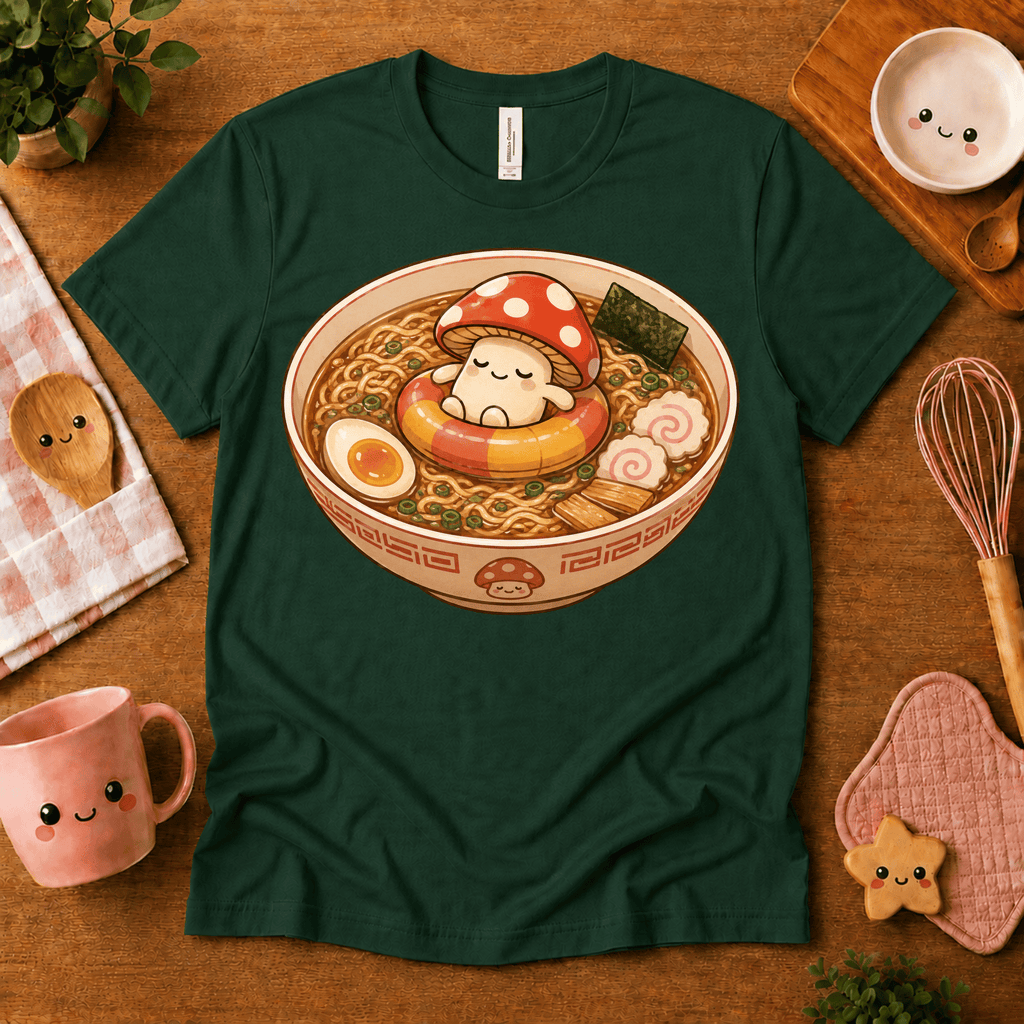 Mushroom Float cute food graphic t-shirt cozy flat lay in evergreen.
