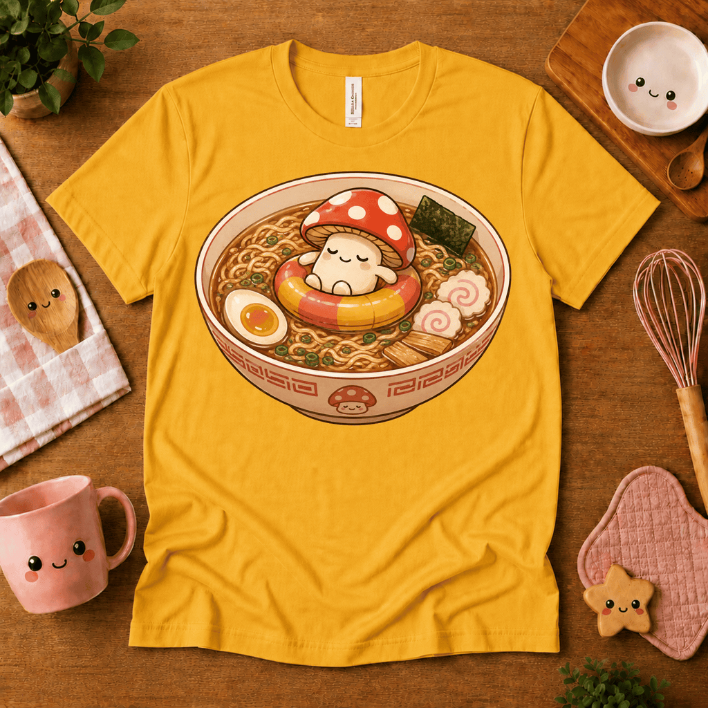 Mushroom Float cute food graphic t-shirt cozy flat lay in gold.