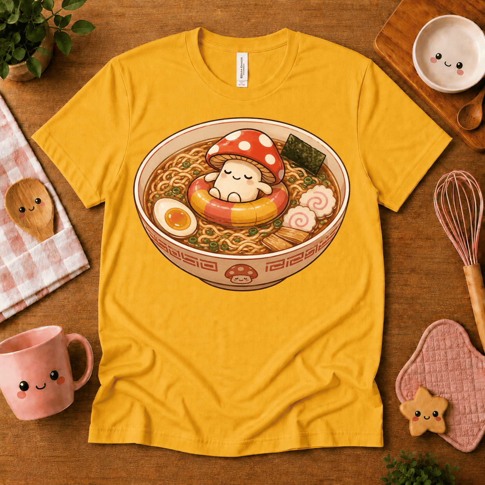 Mushroom Float cute food graphic t-shirt cozy flat lay in gold.