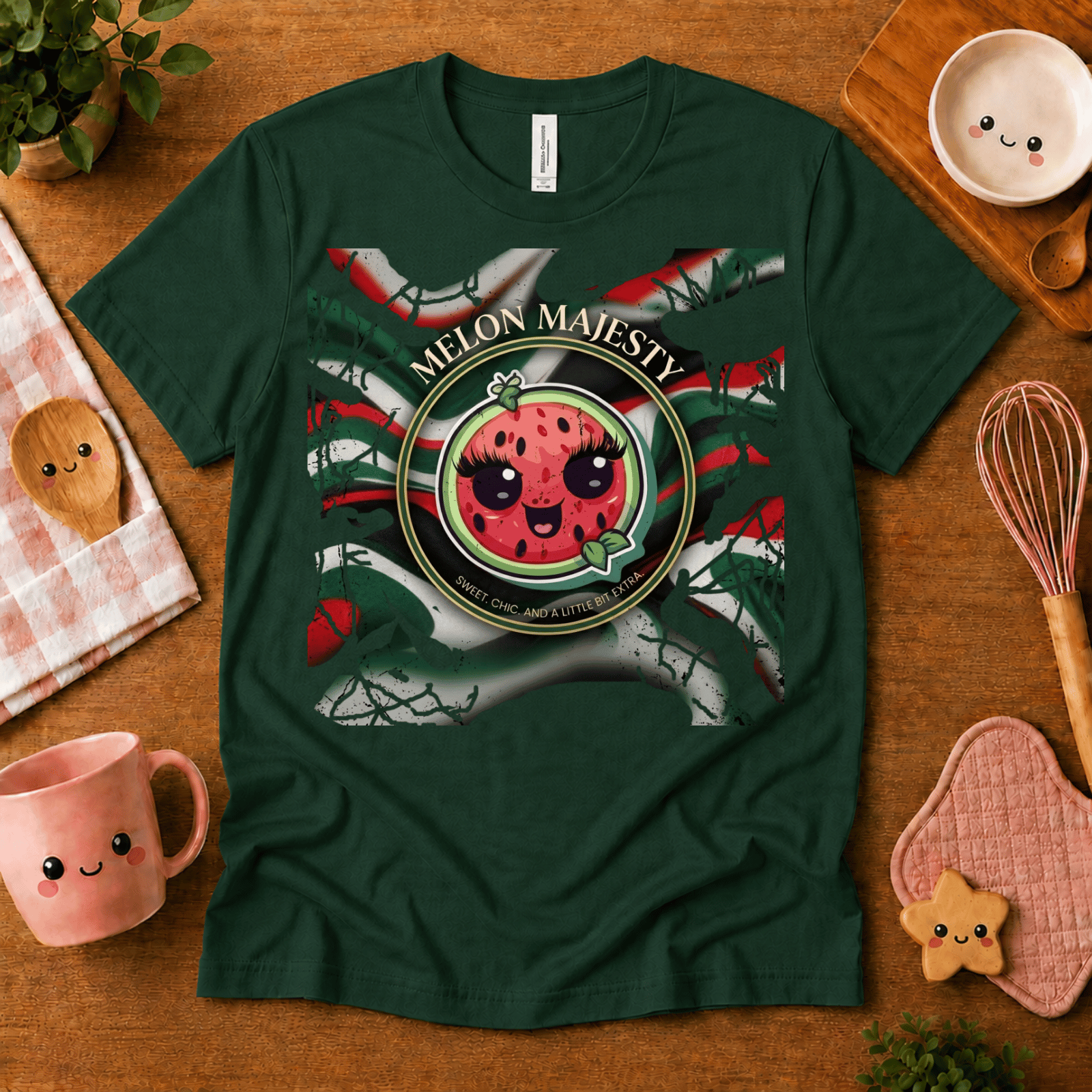 Melon Majesty cute food graphic t-shirt cozy flat lay in evergreen.